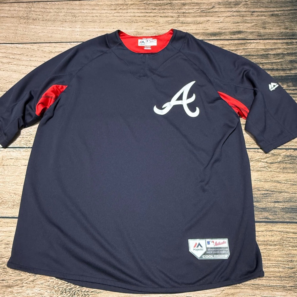 Majestic Atlanta Braves Jersey Mens 2XL Navy Blue MLB Training Cool Base Shirt